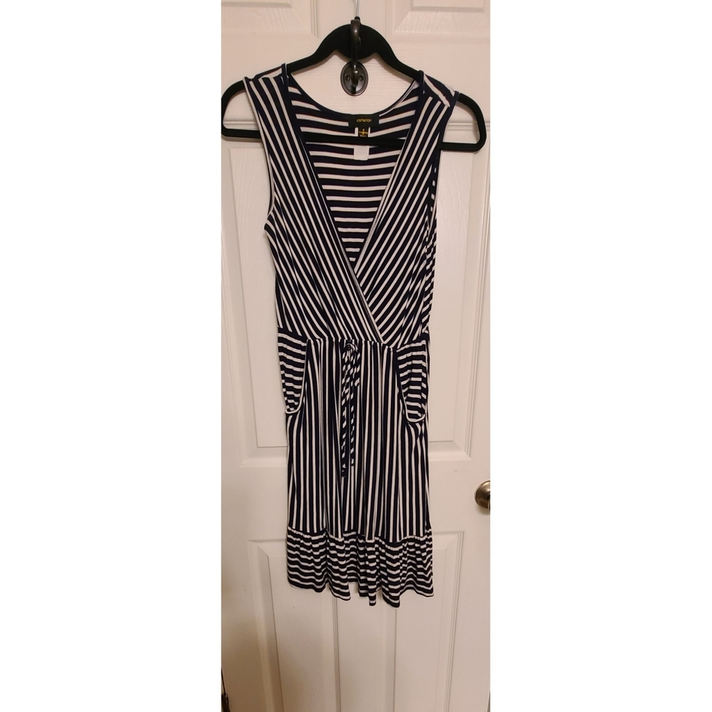 Navy & Cream striped casual dress with pockets.